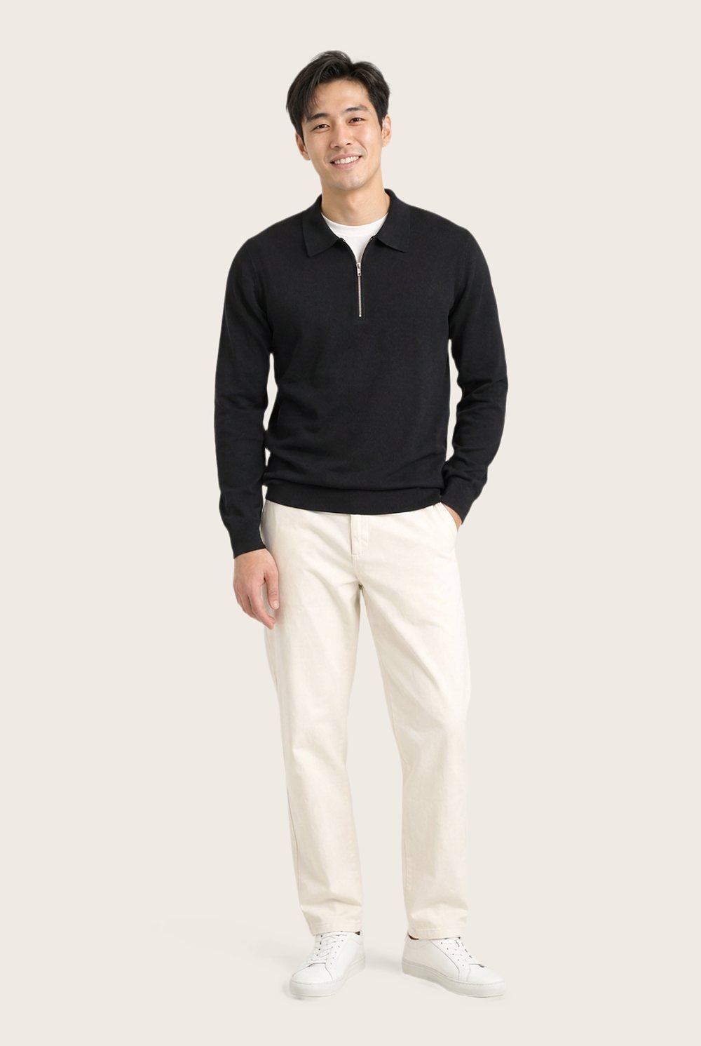 Zip Polo in Ink, worn, full outfit