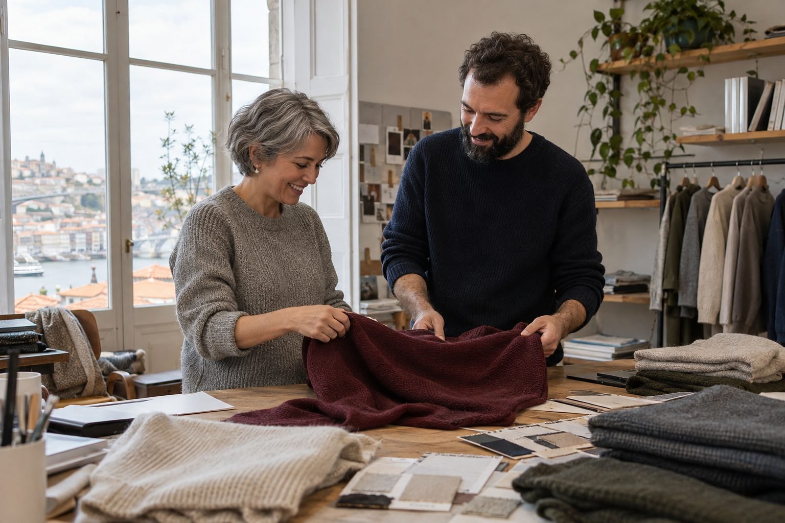 The two founders of Halcy laughing over an oxblood sample sweater in their Porto studio