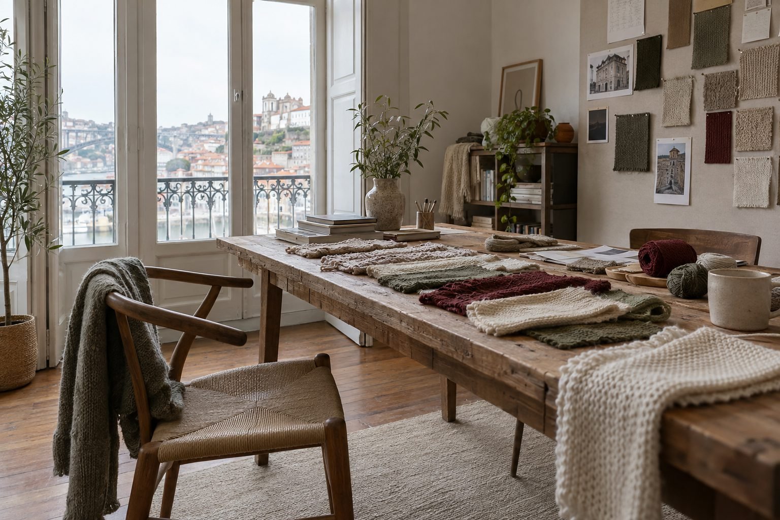 The Halcy studio and shop in Porto, a long table covered with knitted swatches
