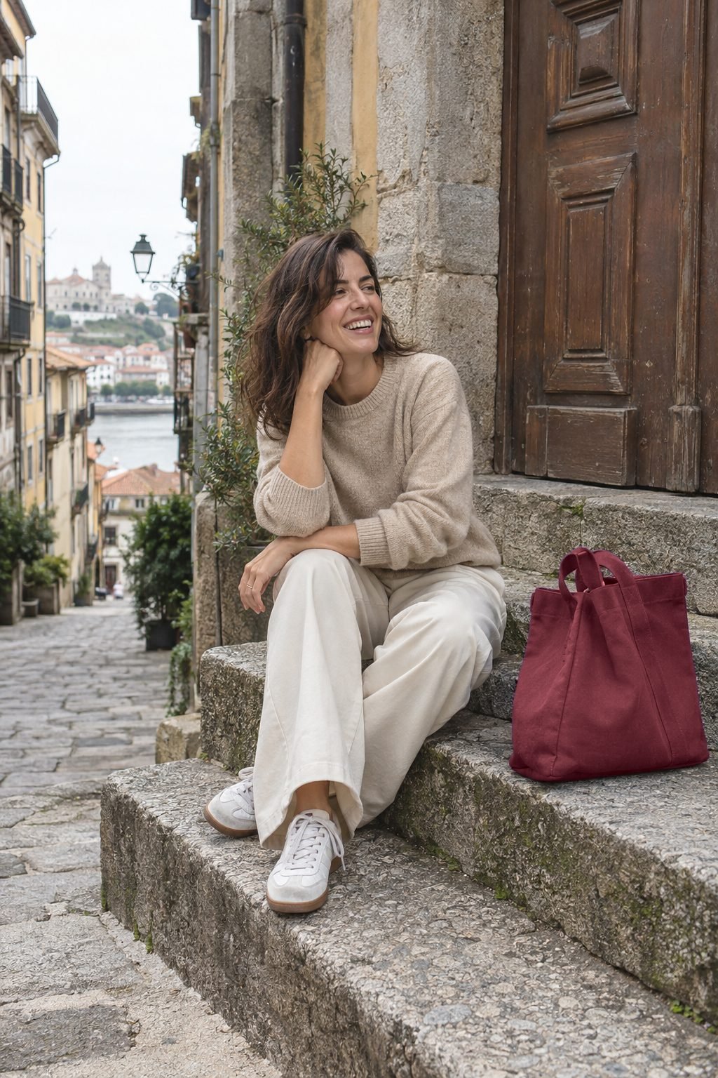 A woman in an oat crew on granite steps in Porto, an oxblood tote beside her