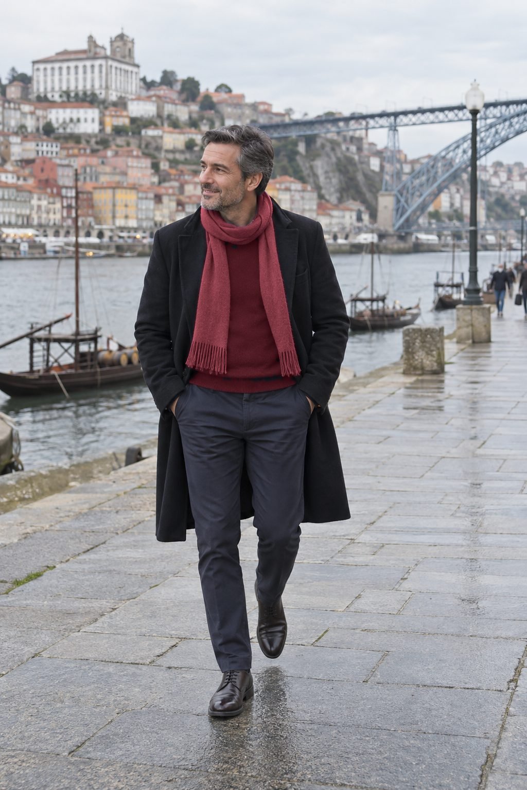 A man in an ink overcoat and oxblood scarf by the river in Porto