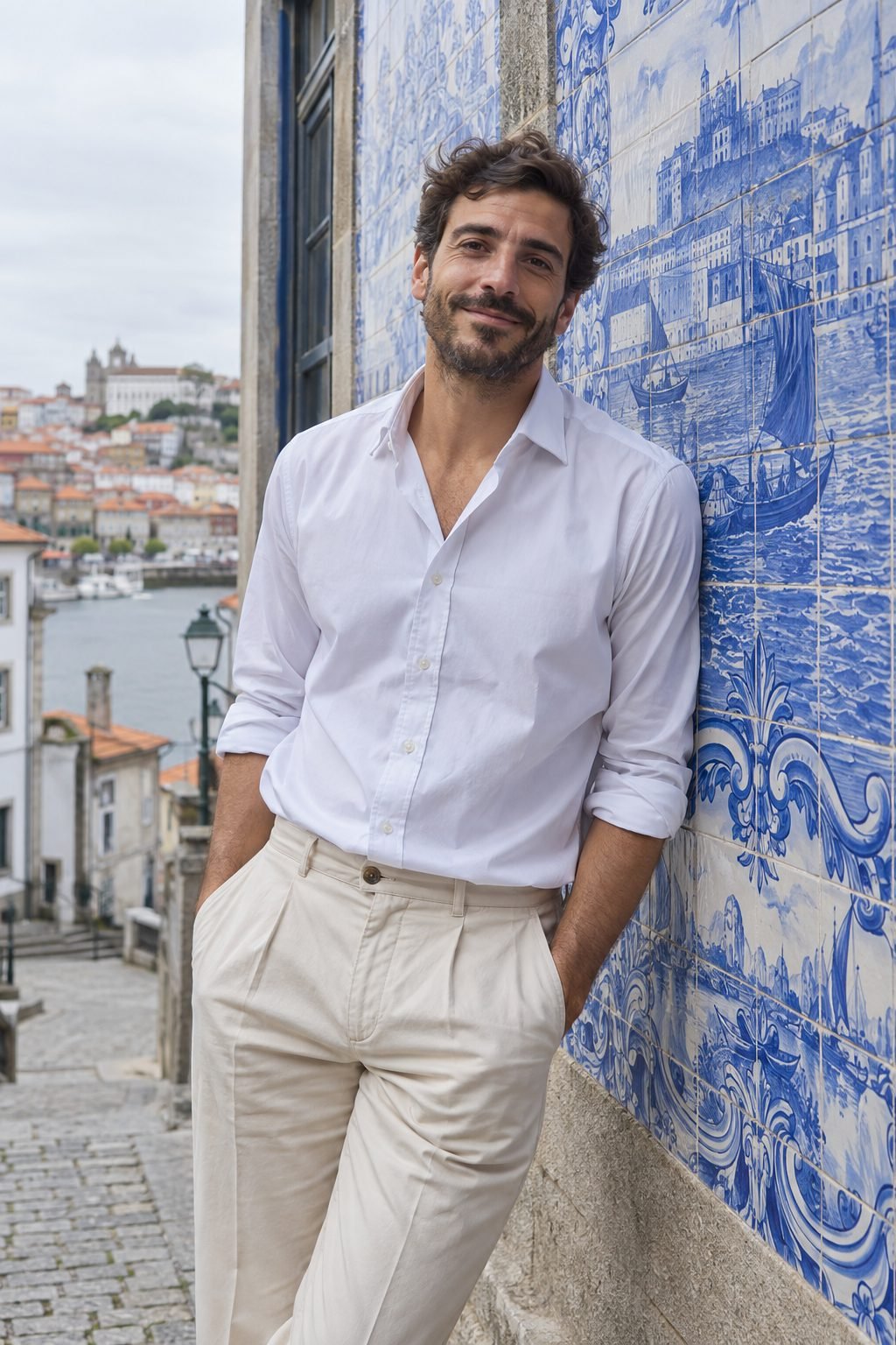 A man in a white oxford shirt and ecru chinos leaning on a blue azulejo wall