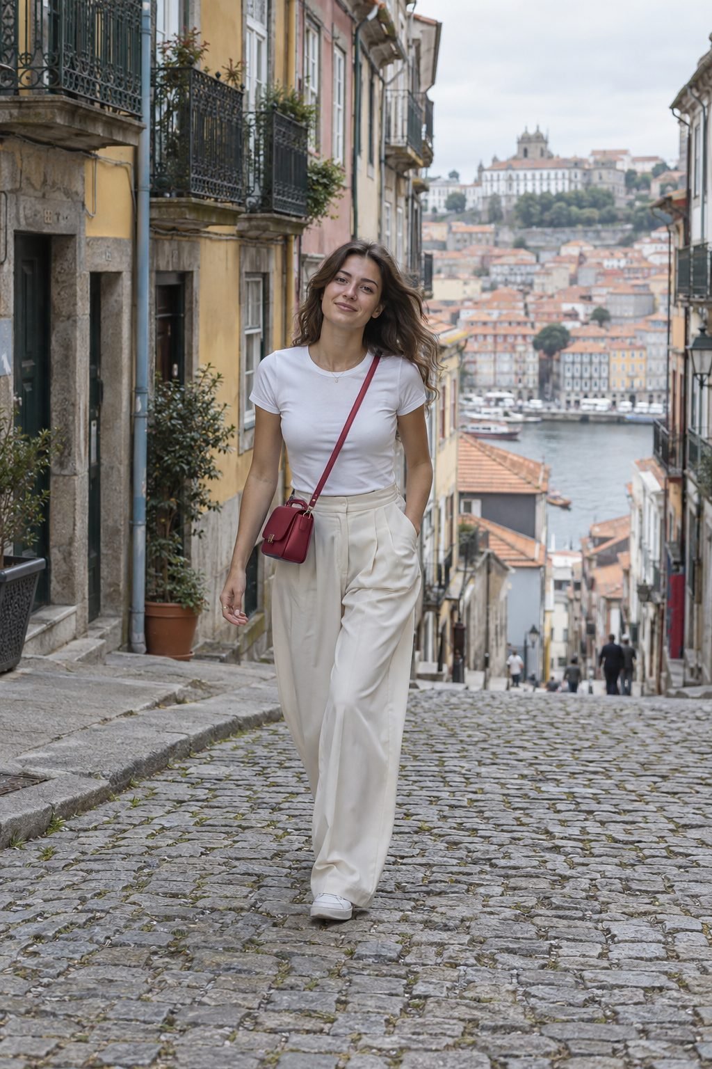 A woman in a white tee and ecru wide trousers walking down a cobbled street