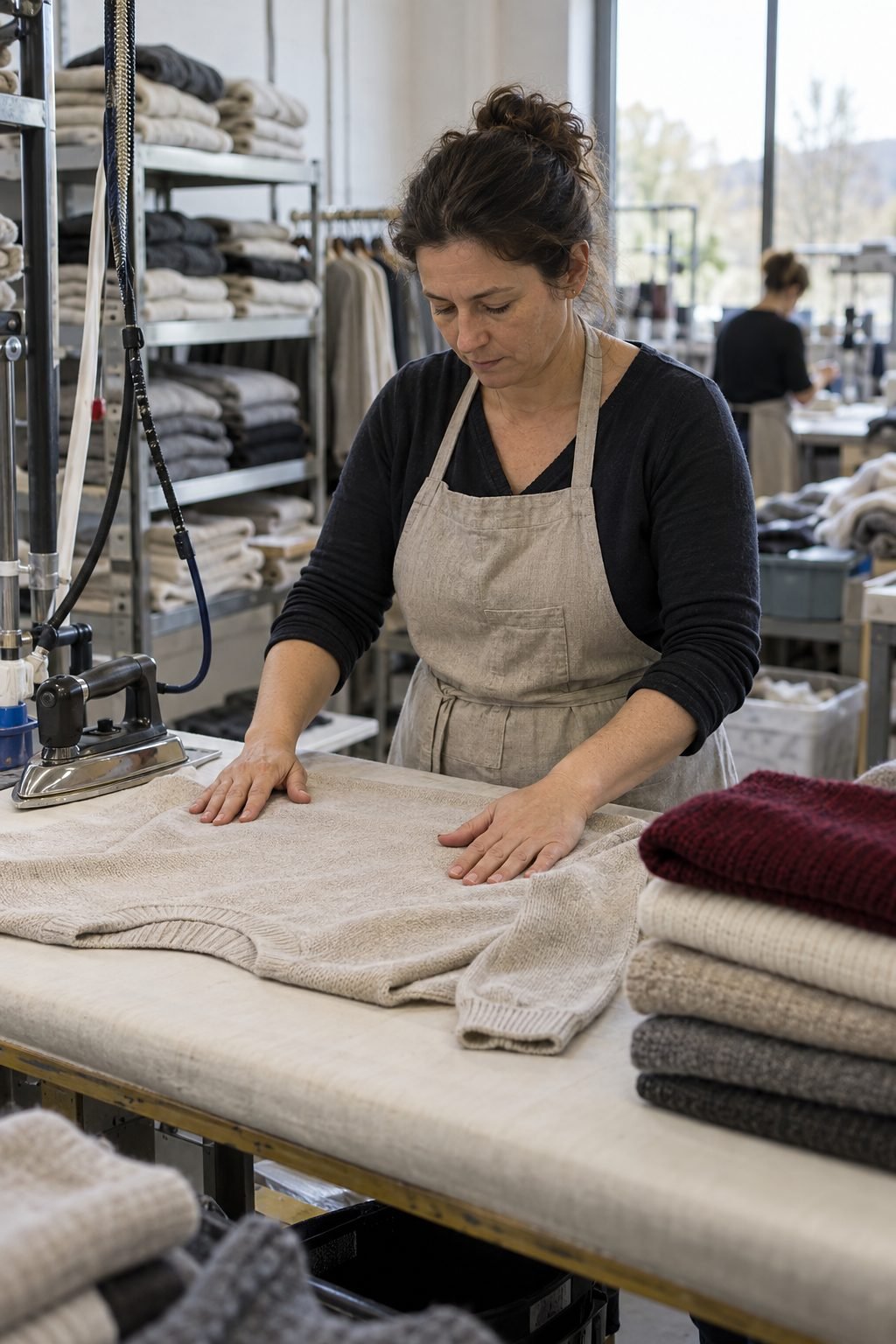 A woman pressing a finished oat sweater beside a stack of folded knits