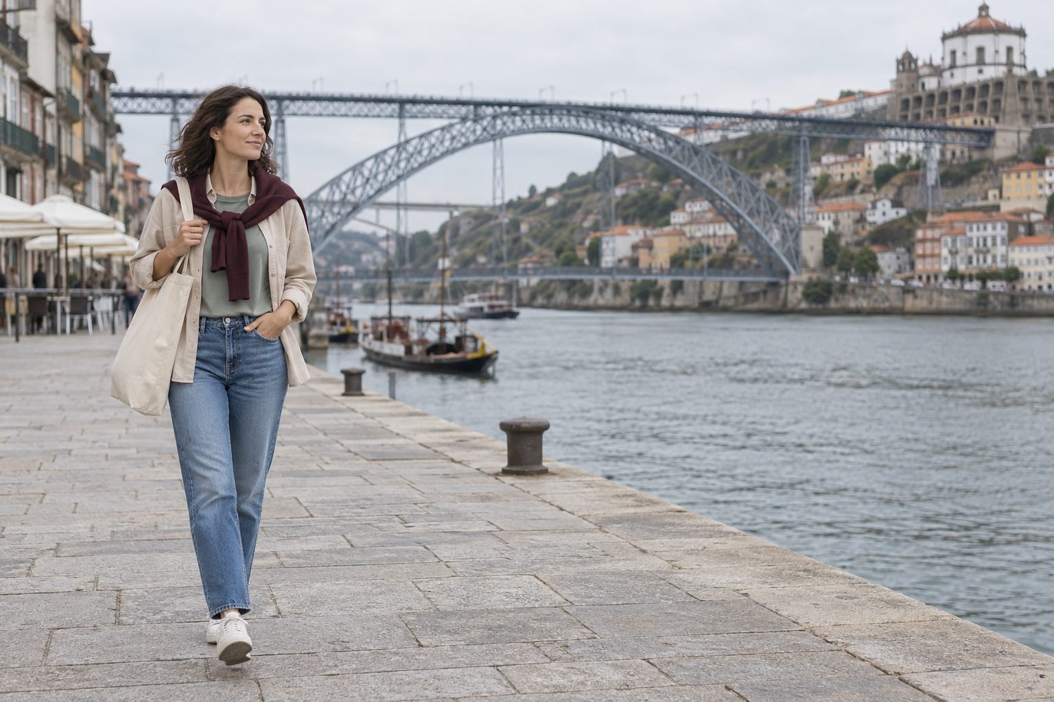 A woman walking along the Ribeira in Porto in an oat overshirt over a sage tee, straight jeans and a canvas tote, an oxblood crew knotted over her shoulders, the Dom Luís I bridge behind her