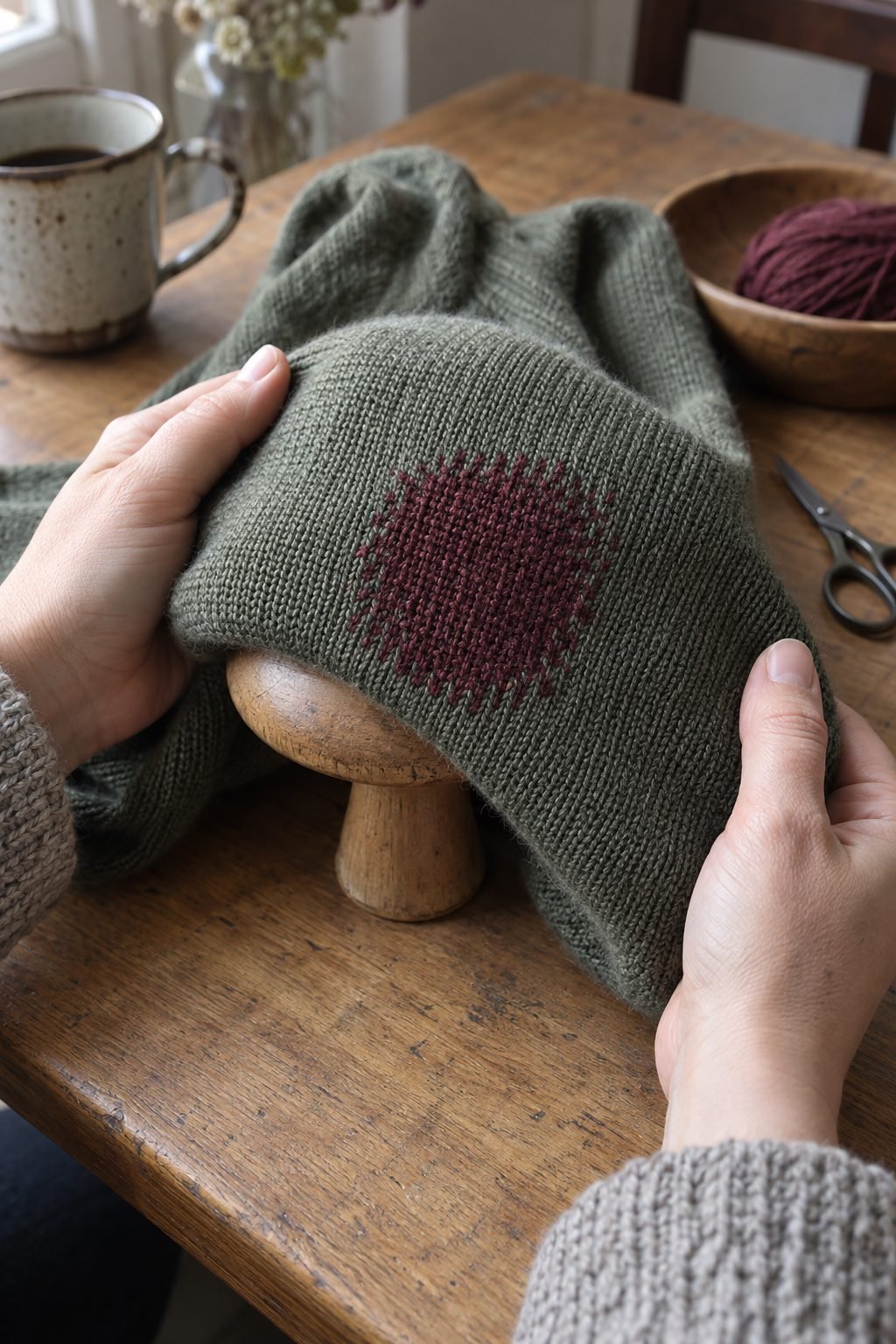 A sage sweater elbow darned in oxblood yarn