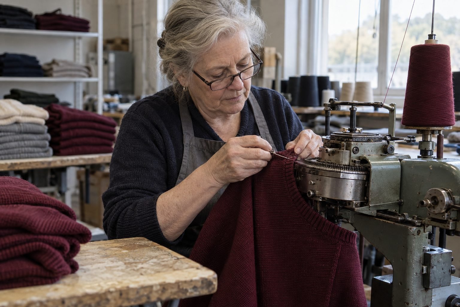 A woman joining the shoulder seam of an oxblood sweater on a linking machine