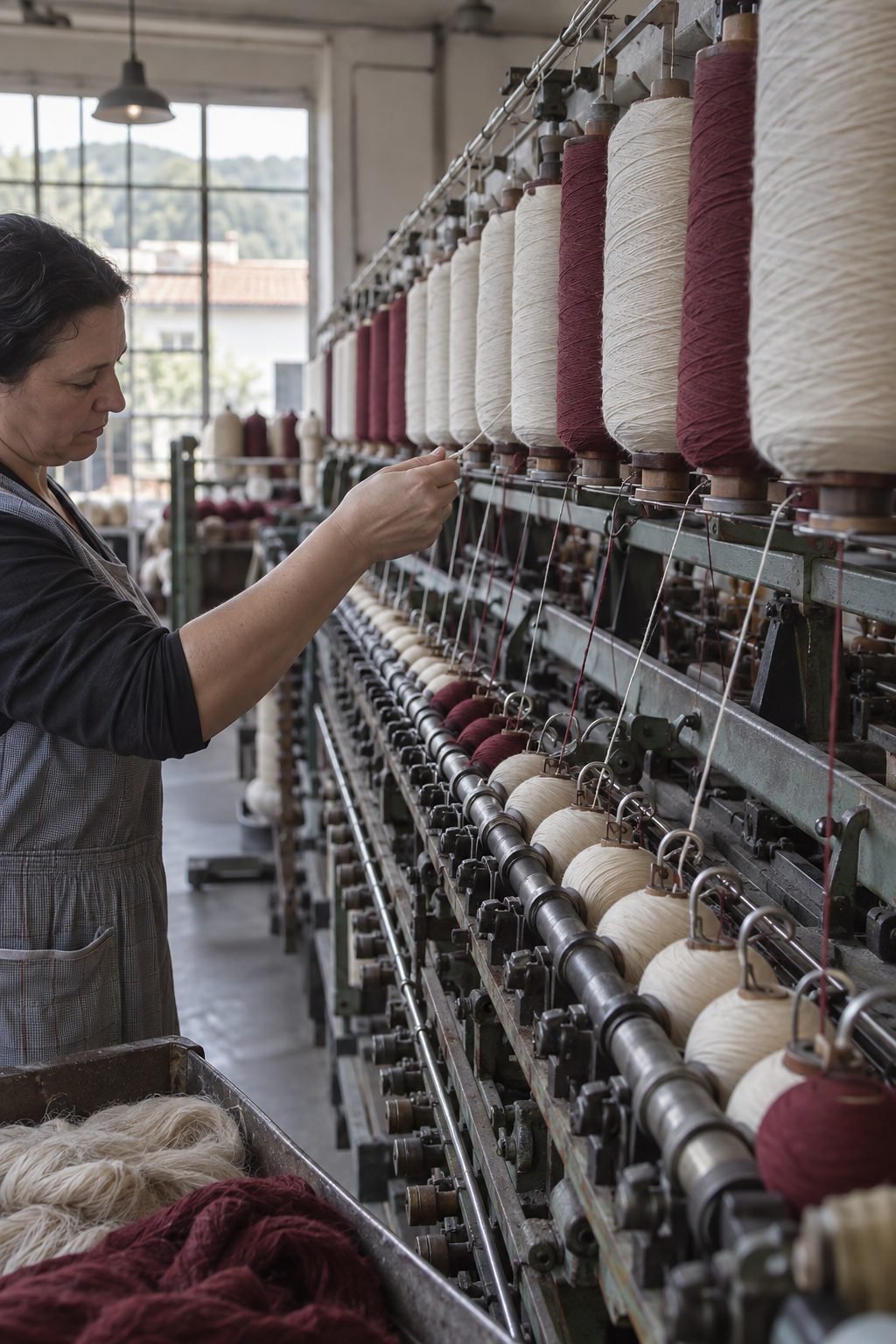 Bobbins of oatmeal and oxblood merino-cotton yarn on a spinning frame