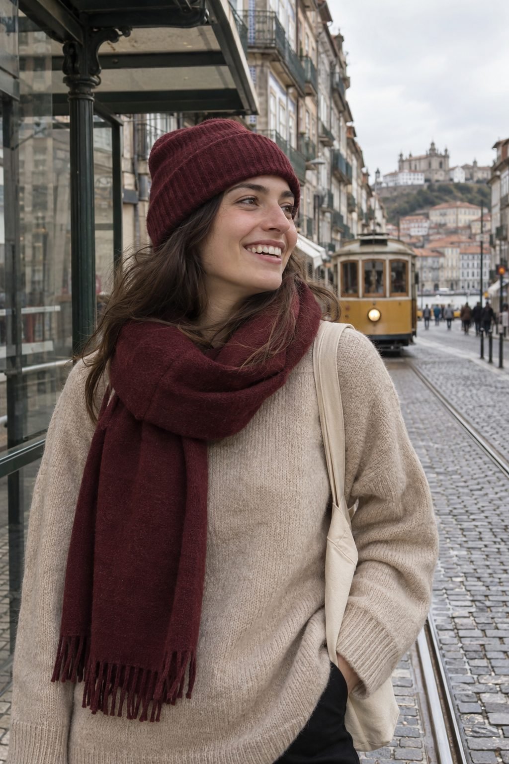 A woman in an oat jumper and oxblood scarf and beanie on a tram street in Porto