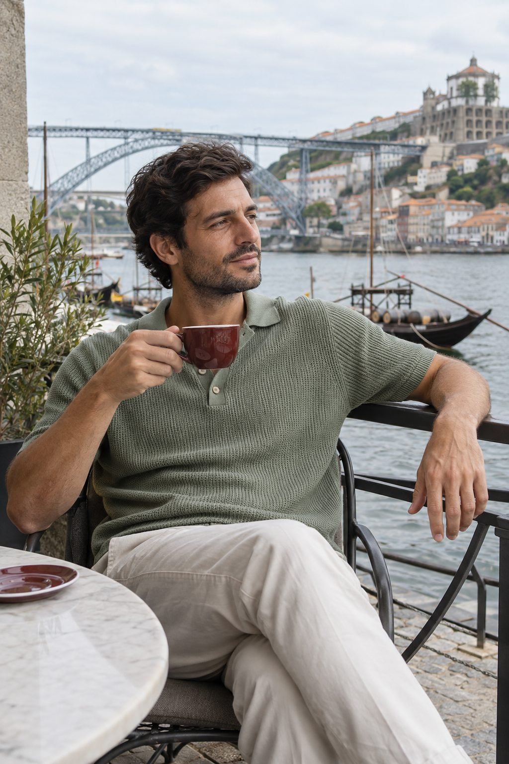A man in a sage knitted polo holding an oxblood cup at a riverside café