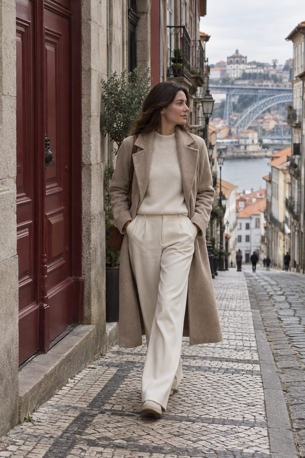 A woman in a long oat coat walking past an oxblood door in Porto