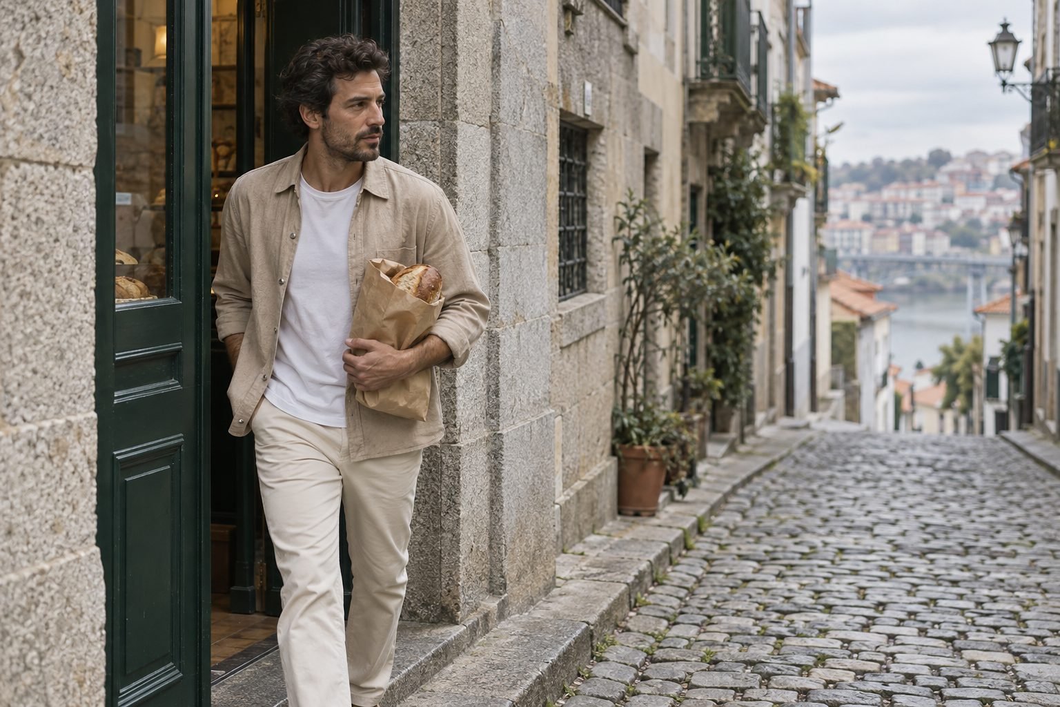 A man in an oat overshirt stepping out of a Porto bakery with a paper bag of bread