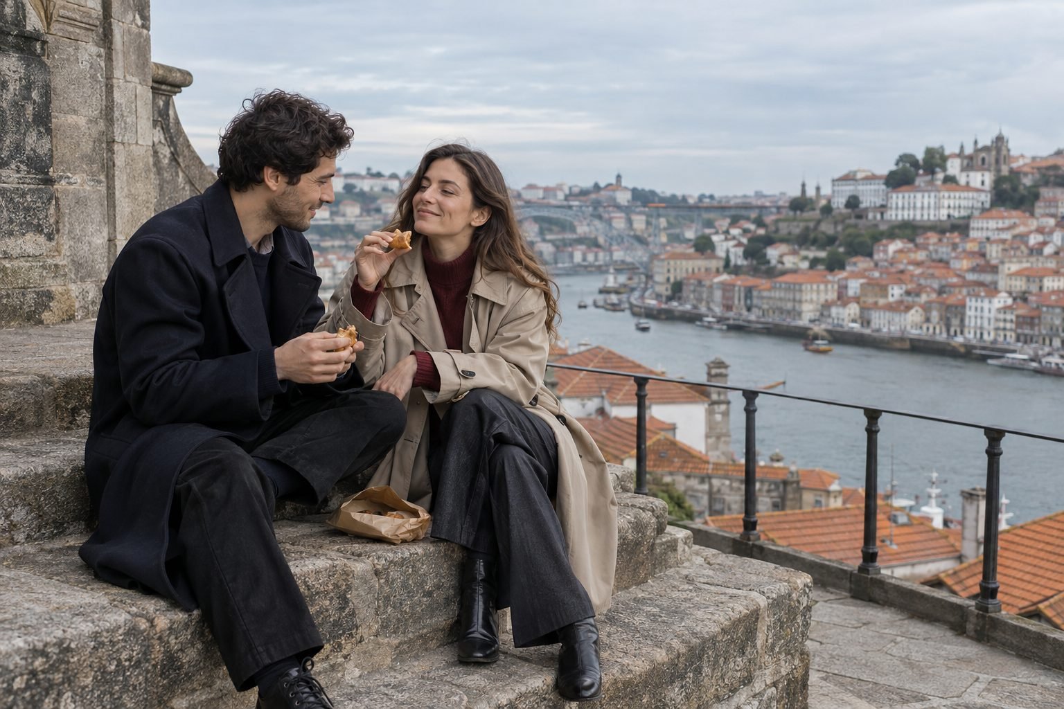 Two people in Halcy coats sharing a pastry at a Porto viewpoint