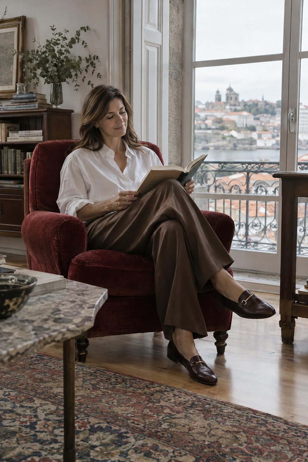 A woman reading in an oxblood armchair by a window over the Douro